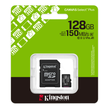 Kingston Canvas Select Plus Gen3 128GB microSD Memory Card (UHS-I 150 MB/s read) + Adapter | Atmiņas Karte ar Adapteri